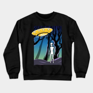 Ufo alien funny cute flying spaceship astronaut moon mars cosmic forest Crewneck Sweatshirt